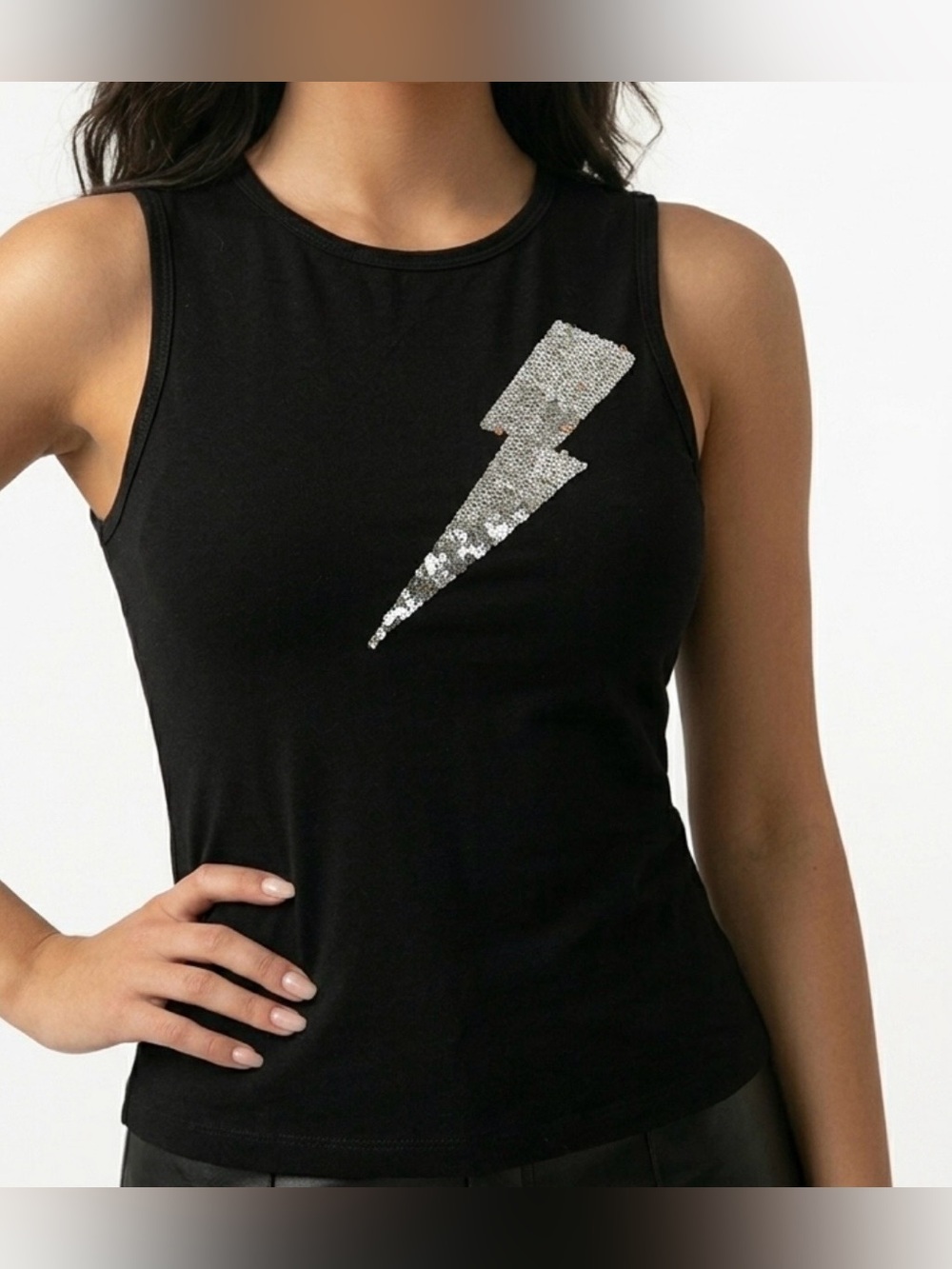 EXPRESS Jeans Black Tank Top with Silver Sequin Lightning Bolt
